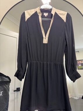 Parker Black Long-Sleeve Shift Dress with Cream Trim